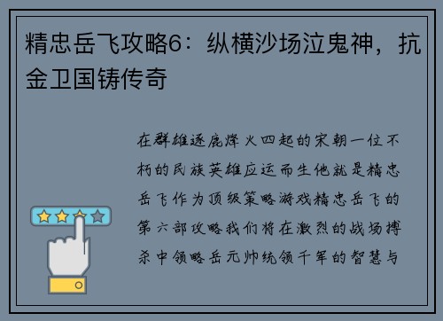 精忠岳飞攻略6：纵横沙场泣鬼神，抗金卫国铸传奇
